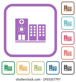 Covid Hospital simple icons in color rounded square frames on white background
