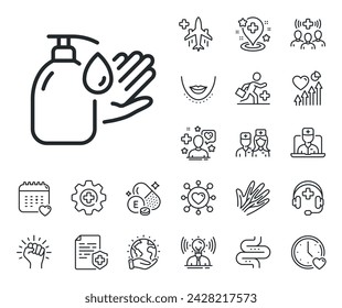 Covid hygiene sign. Online doctor, patient and medicine outline icons. Wash hands line icon. Washing liquid symbol. Wash hands line sign. Veins, nerves and cosmetic procedure icon. Intestine. Vector