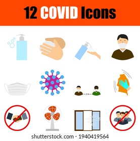 Conjunto de iconos COVID. Diseño plano. Ilustración vectorial totalmente editable. Texto expandido.