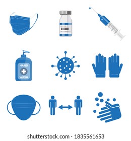 Covid icons set - Collection of vector /EPS simple web icons depicting hygiene, disinfection, symptoms, treatment, virus, prevention and vaccines Editable vector file.