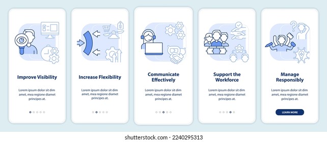 Covid impact on logistics light blue onboarding mobile app screen. Walkthrough 5 steps editable graphic instructions with linear concepts. UI, UX, GUI template. Myriad Pro-Bold, Regular fonts used