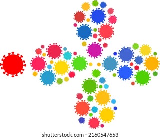 Covid infection icon multi colored twirl flower with four petals shape. Object twirl organized from scattered covid infection items. Vector flower icon collage in flat style.