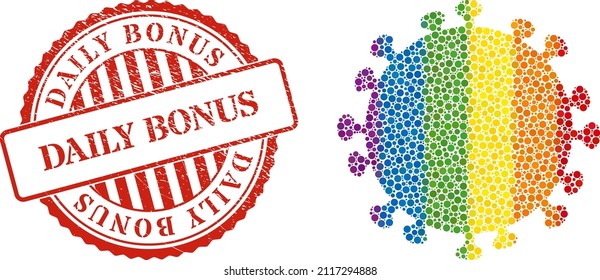 Covid infection mosaic icon of round dots in various sizes and spectrum colored color tinges. Red round scratched seal with Daily Bonus caption. A dotted LGBT- colored covid infection for lesbians,