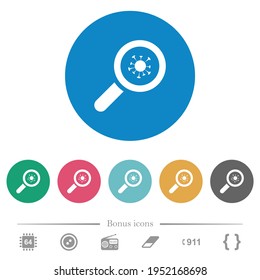 Covid inspection flat white icons on round color backgrounds. 6 bonus icons included.