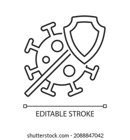 Covid insurance linear icon. Coronavirus treatment coverage. Support at pandemic. Thin line customizable illustration. Contour symbol. Vector isolated outline drawing. Editable stroke. Arial font used