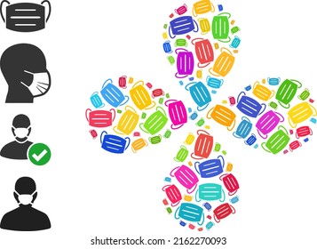 Icono de máscara de covid flor de explosión multicolor con forma de 4 pétalos. Flor de elemento diseñada a partir de símbolos de máscara codificados aleatorios. Collage de iconos de flor vectorial en estilo plano.