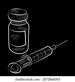 Covid, medicine, healthcare vector chalk isolated bottle on black background. Concept for logo, print, cards