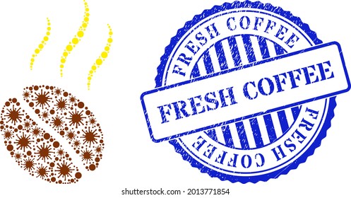 Covid mosaic aroma coffee bean icon, and grunge FRESH COFFEE seal stamp. Aroma coffee bean mosaic for epidemic templates, and dirty round blue stamp seal.