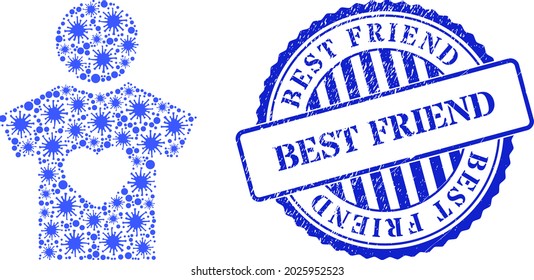 Covid mosaic boyfriend icon, and grunge BEST FRIEND seal stamp. Boyfriend mosaic for isolation images, and grunge round blue stamp imprint.