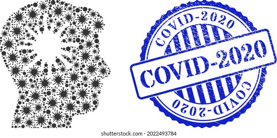 Covid mosaic coronavirus brain icon, and grunge COVID-2020 seal stamp. Coronavirus brain collage for epidemic templates, and grunge round blue seal.