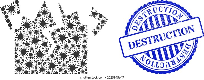 Covid mosaic destruction icon, and grunge DESTRUCTION seal stamp. Destruction mosaic for breakout templates, and scratched round blue stamp seal. Vector mosaic is done of random coronavirus elements.