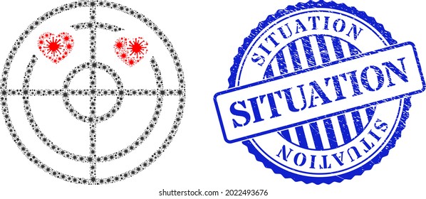 Covid mosaic love hearts radar icon, and grunge SITUATION stamp. Love hearts radar mosaic for isolation templates, and unclean round blue stamp.