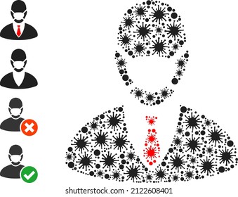Covid mosaic manager mask icon, and more icons. Manager mask mosaic for isolation templates. Vector mosaic is designed of random Covid items.
