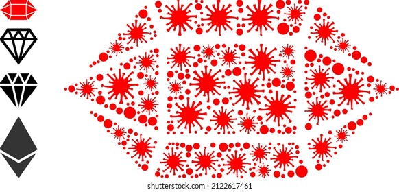 Covid Mosaik Ruby Kristall Symbol, und zusätzliche Symbole. Ruby-Kristall-Mosaik für Breakout-Vorlagen. Vektormosaik ist aus zufälligen Infektionssymbole entworfen.