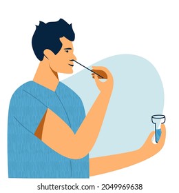 Covid nasal pcr swab rapid self test. Young man using antigen test kit with self-administered swab. Quick antibodies exam. Man taking smear for COVID-19 test himself. Flat vector illustration
