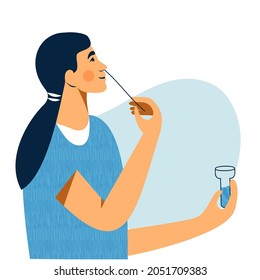 Covid nasal pcr swab rapid self test. Young woman using antigen test kit with self-administered swab. Quick antibodies exam. Woman taking smear for COVID-19 test herself. Flat vector illustration