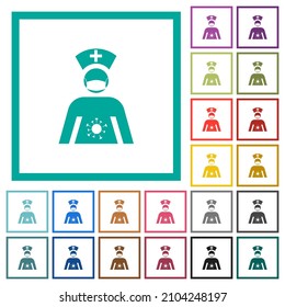 Covid nurse with mask flat color icons with quadrant frames on white background