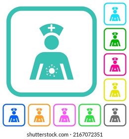 Covid nurse with mask vivid colored flat icons in curved borders on white background