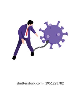 Covid pandemic financial crisis isometric icon with businessman chained to coronavirus bacteria 3d vector illustration