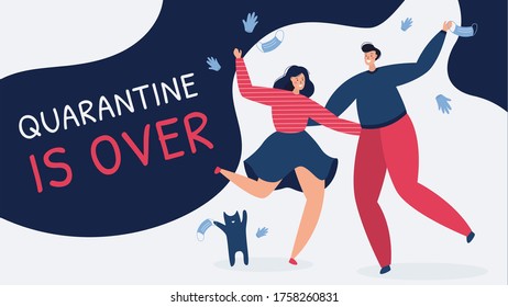 The covid pandemic finished, quarantine is over. A couple and cat are happy that the coronavirus epidemic lockdown end, tossing masks and gloves, celebrating. Vector illustration landing page banner