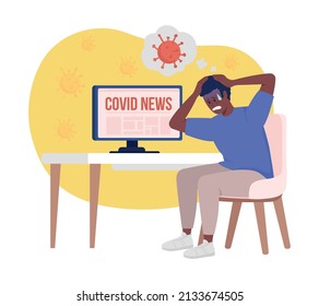 Covid Panic Attack 2D Vector Isolated Illustration. Scared Man Flat Character On Cartoon Background. Coronavirus New Variant Colourful Scene For Mobile, Website, Presentation. Bebas Neue Font Used