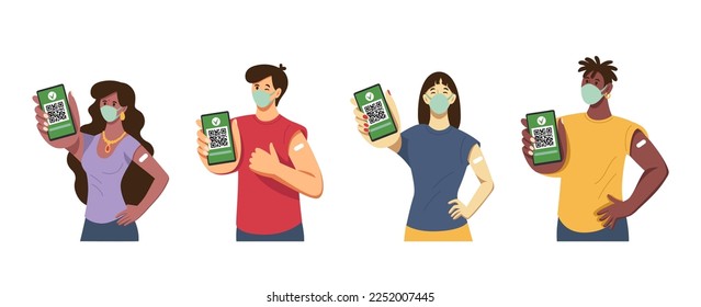 Covid pass. Vaccination QR code certificate. Check medical document. Immune group with mobile passports. Woman or man holding phones. Vaccinated people set. Vector illustration concept