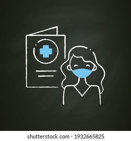 Covid passport chalk icon. Girl in mask has got necessary document. Note about health status. Vaccination card. Health care, protection. Isolated vector illustration on chalkboard