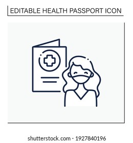 Covid passport line icon. Girl in mask has got necessary document. Note about health status. Vaccination card. Health care, protection. Covid19 concept. Isolated vector illustration.Editable stroke