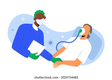 Covid patient in critical condition, medical worker looking after senior patient in oxygen mask suffering from coronavirus pneumonia, treated with oxygen theraphy in intensive care, lung ventilation