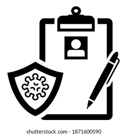 Covid patient data on clipboard with pen and shield  icon vector design illustration