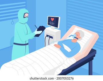 Covid patient in intensive care flat color vector illustration. Monitoring for body functions stability. Unconscious sick person and doctor 2D cartoon characters with hospital on background