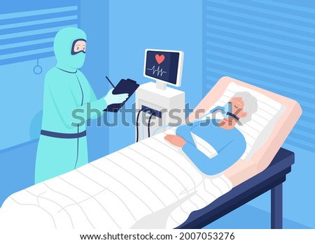 Covid patient in intensive care flat color vector illustration. Monitoring for body functions stability. Unconscious sick person and doctor 2D cartoon characters with hospital on background