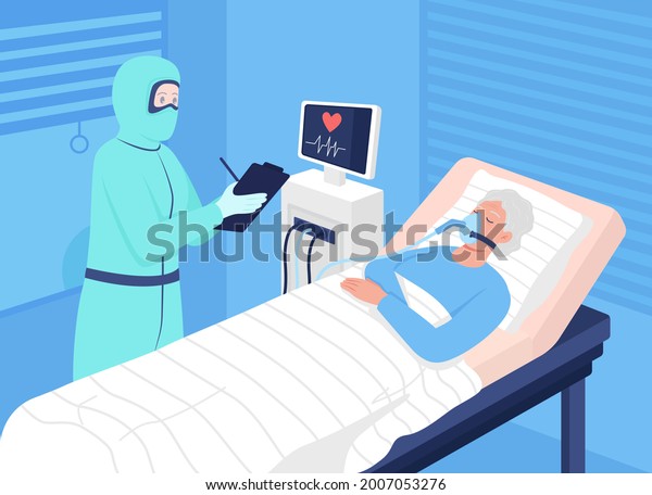 Covid patient in intensive care flat color\
vector illustration. Monitoring for body functions stability.\
Unconscious sick person and doctor 2D cartoon characters with\
hospital on background
