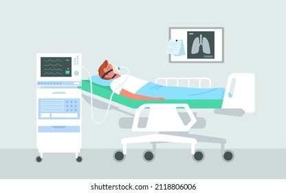 Covid patient man connected to medical lung ventilator. Clinical intensive therapy for critical health condition people, hospital bed and artificial ventilation equipment flat vector illustration