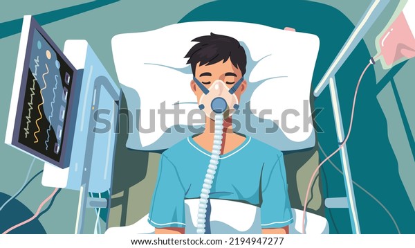 COVID patient man lying in hospital bed with\
oxygen mask for artificial lungs ventilation from coronavirus\
disease top view. Unconscious person with corona virus pneumonia\
flat vector illustration