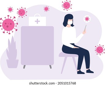 Der covide Patient sitzt und benutzt das Handy.