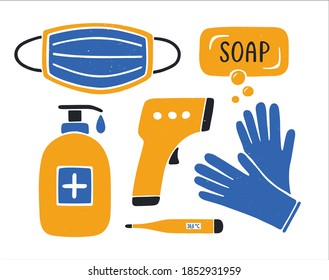 Covid personal protection icons set. Coronavirus, covid 19 prevention items. Mask, soap, digital and infrared thermometers, gloves and sanitizer. Vector shabby hand drawn illustration