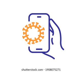 Covid phone app line icon. Coronavirus application sign. Dirty smartphone symbol. Quality design element. Line style covid app icon. Editable stroke. Vector
