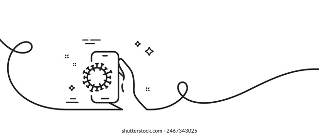 Covid phone app line icon. Continuous one line with curl. Coronavirus application sign. Dirty smartphone symbol. Covid app single outline ribbon. Loop curve pattern. Vector