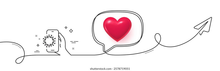 Covid phone app line icon. Continuous line with share plane. Coronavirus application sign. Dirty smartphone symbol. 3d heart in speech bubble. Covid app single line ribbon. Loop curve pattern. Vector