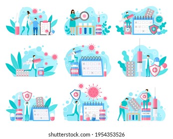Covid prevention. Characters making injection healthcare stylized illustrations collection liquid drugs and antibiotics in syringe recent vector set