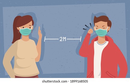 covid prevention, couple using face mask in distancing social vector illustration design