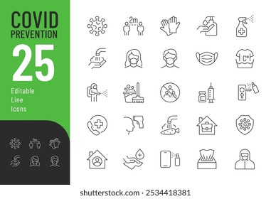 
Covid Prevention line Editable Icons set. Vektorgrafik im modernen dünnen Linienstil von Gesundheitspflegesymbolen: Desinfektion, Antiseptikum, Impfstoff und mehr. 