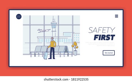 Covid prevention and safety for health in airport landing page with man with suitcase waiting for departure wearing mask. Safe travel and transportation concept. Vector illustration