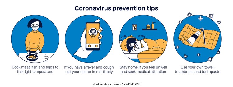 Covid Vorbeugung Tipps Web-Banner. Mädchen kochen Fleisch, rufen Arzt. Ill mit Coronavirus Mädchen schlafend im Bett. Zahnbürste und Zahnpasta auf Handtuch. Flache Vektorgrafik mit Empfehlungen unten.