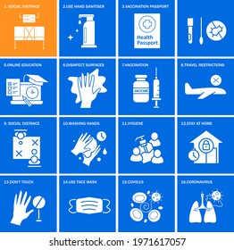 Covid prevention vector illustrations. Hand sanitizing, travel restricting, online education. Covid 19. Fight against coronavirus. Information card
