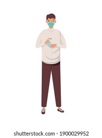 covid prevention, young man wearing medical mask with bottle antibacterial in hands vector illustration design
