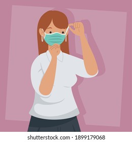 covid prevention, young woman wearing medical mask on pink background vector illustration design