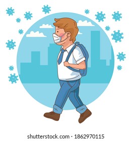 covid preventive at school scene with student boy walking vector illustration design