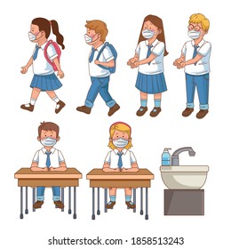 covivage vorbeugend auf der Schulszene mit Schülern mit Gesichtsmasken, Vektorgrafik-Design